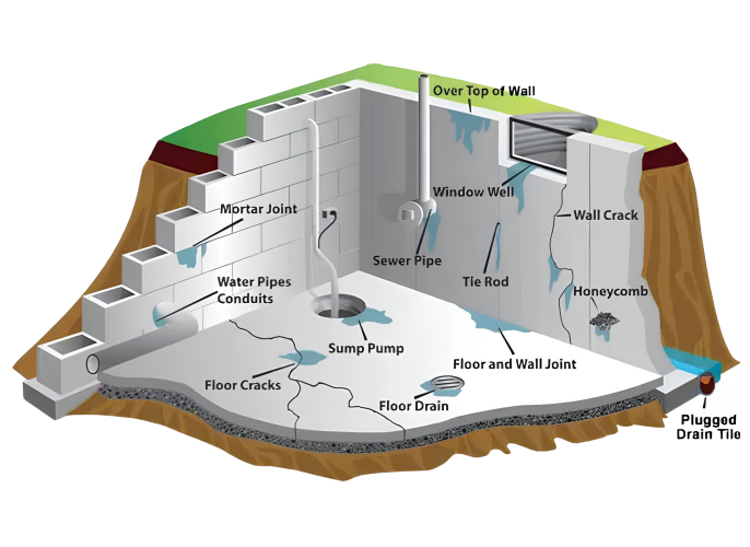 Repaired crack in a finished basement wall after professional concrete repair