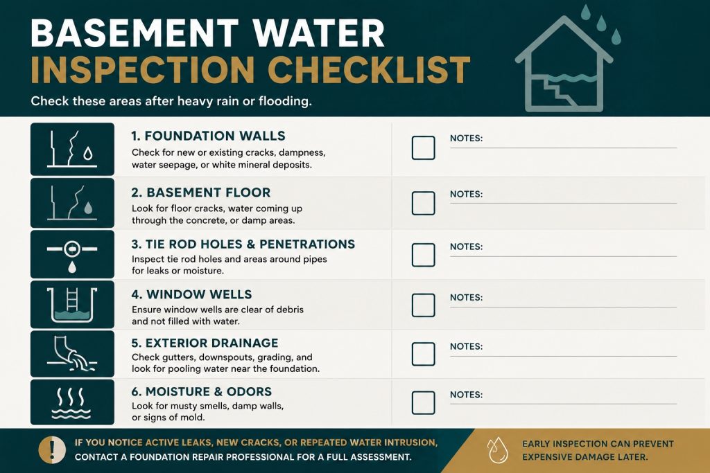 Basement water inspection checklist infographic showing six areas homeowners should inspect after heavy rain, including foundation walls, basement floor, tie rod holes, window wells, exterior drainage, and signs of moisture.