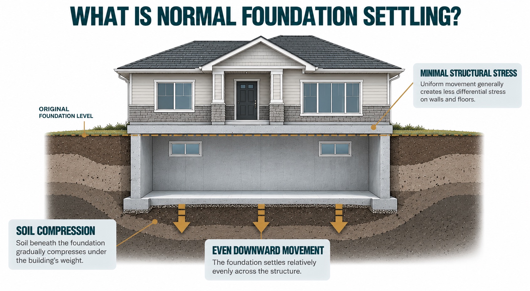 Infographic showing a house and concrete basement foundation settling evenly as soil compresses beneath it, with downward arrows illustrating uniform movement.
